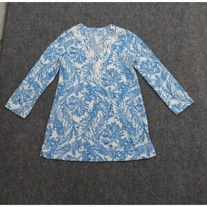 Lily Pulitzer Top Womens Small Blue Aqua Floral KAIA V Neck Tunic Cotton Coastal